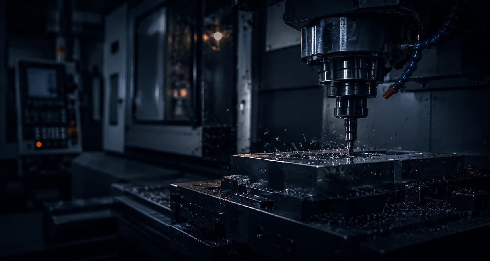 Dark CNC machining and precision fabrication environment